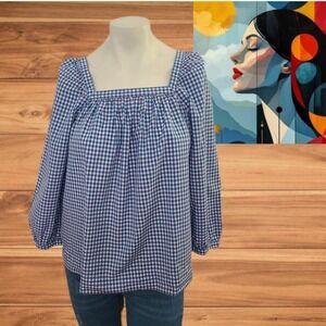 J Crew Square Necked Country Fresh Gingham Blouse Top SZ 4 Blouson Sleeve Cotton
